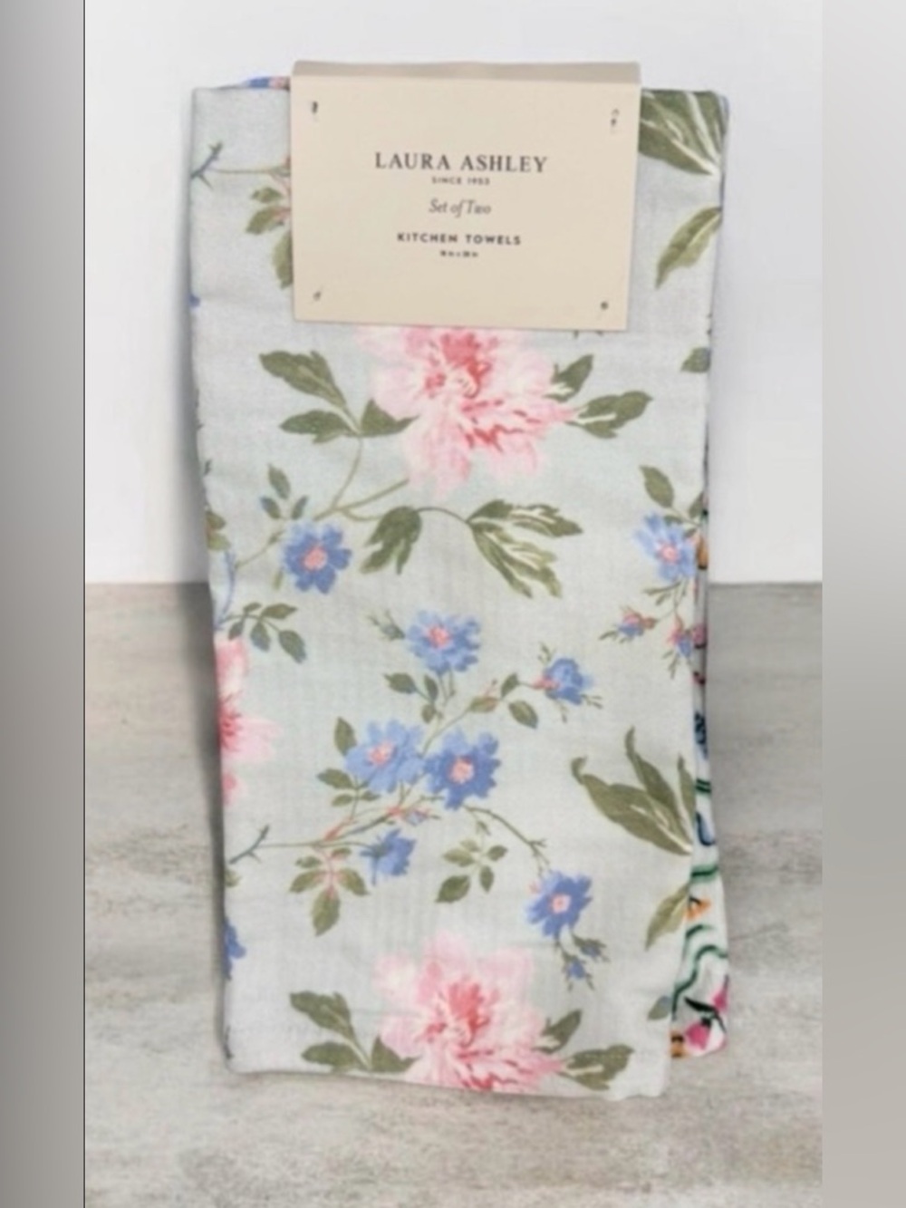 2 Laura Ashley Pastel Floral Cotton Kitchen Towels - Pink, Blue & Green ~ Emily